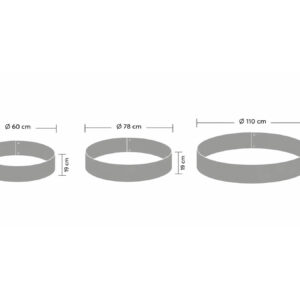 1. Mått på trädring – 60, 78 och 110 cm i diameter och 19 cm hög