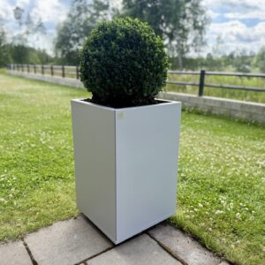 Hållbar kruka året runt som passar bra vid en entre. Underhållsfri stor kruka som inte rostar. Plant Box i silvergrått utförande.