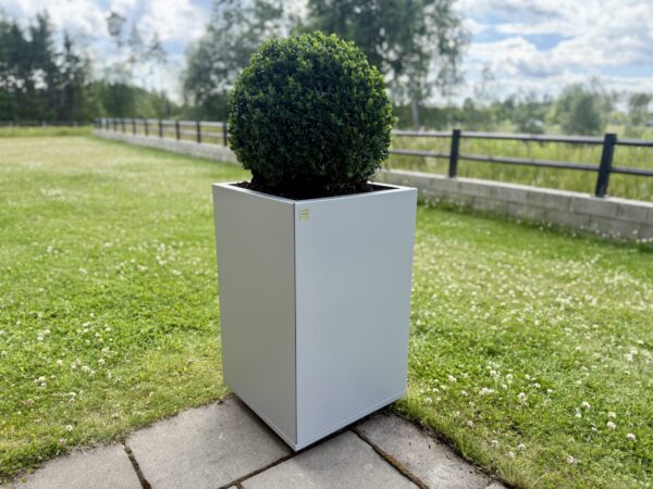 Hållbar kruka året runt som passar bra vid en entre. Underhållsfri stor kruka som inte rostar. Plant Box i silvergrått utförande.
